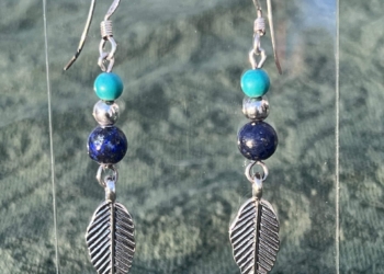 Silver Feather Drop Earrings with Turquoise and Lapis Lazuli