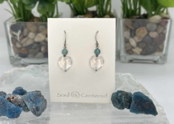 Apatite and Clear Quartz Heart Earrings in Sterling Silver