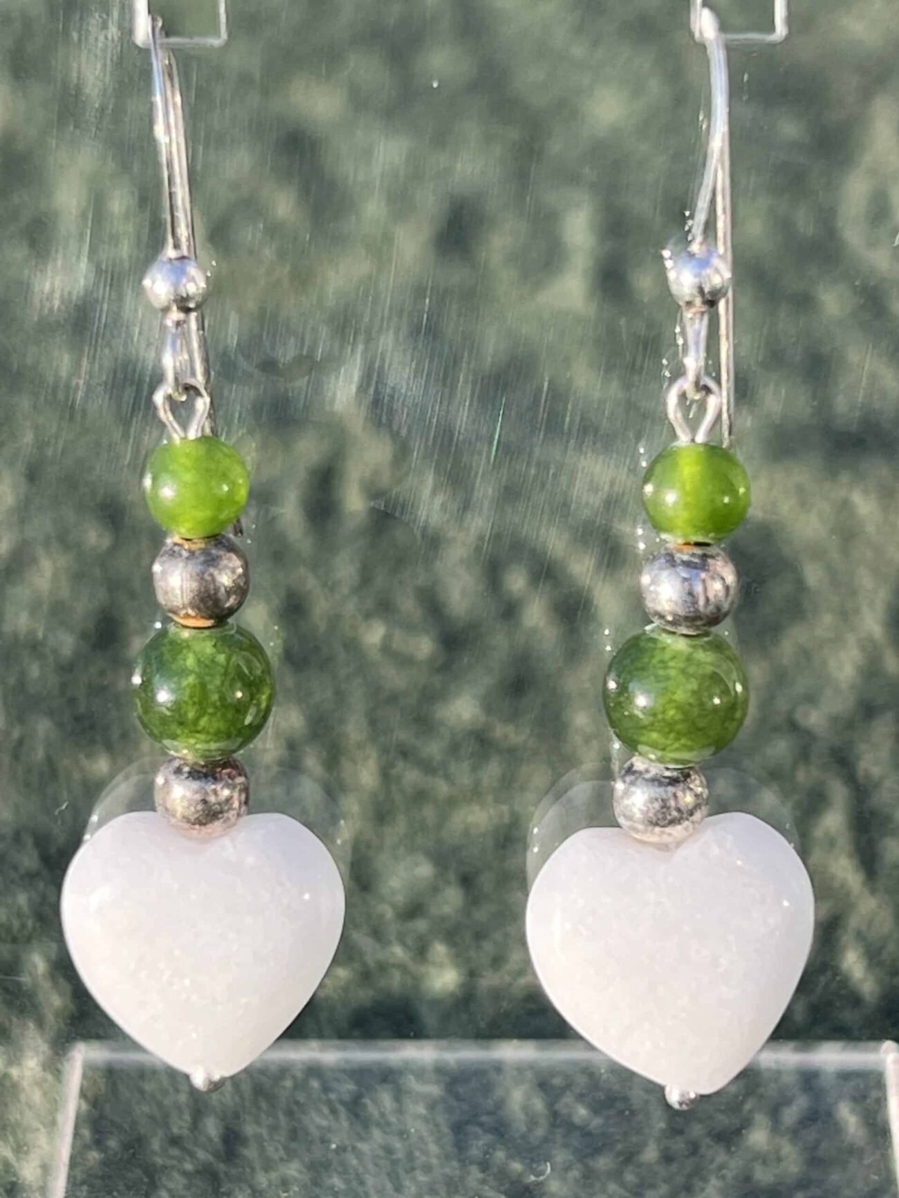 White and Green Jade Drop Heart Earrings in Sterling Silver