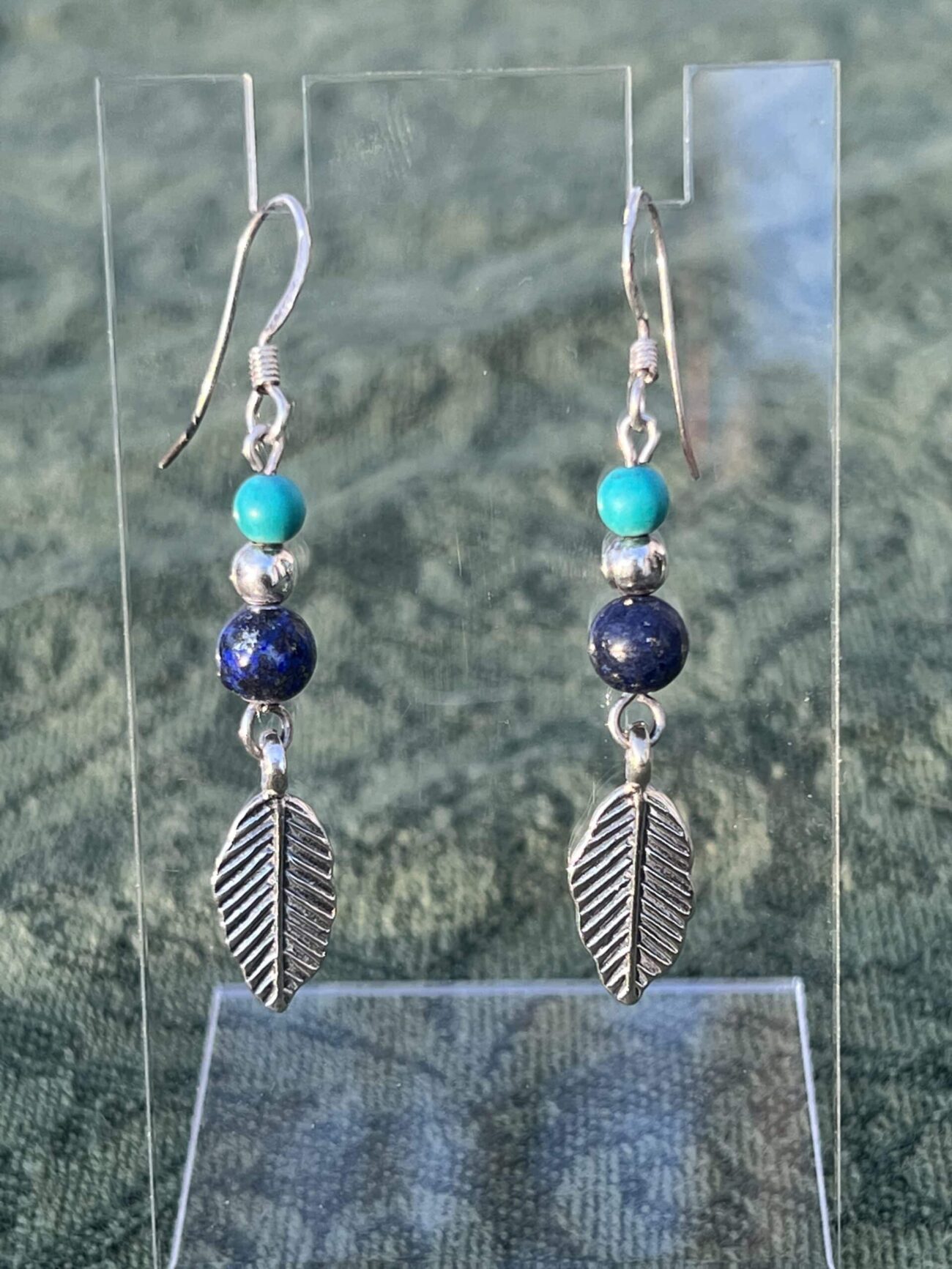 Silver Feather Drop Earrings with Turquoise and Lapis Lazuli