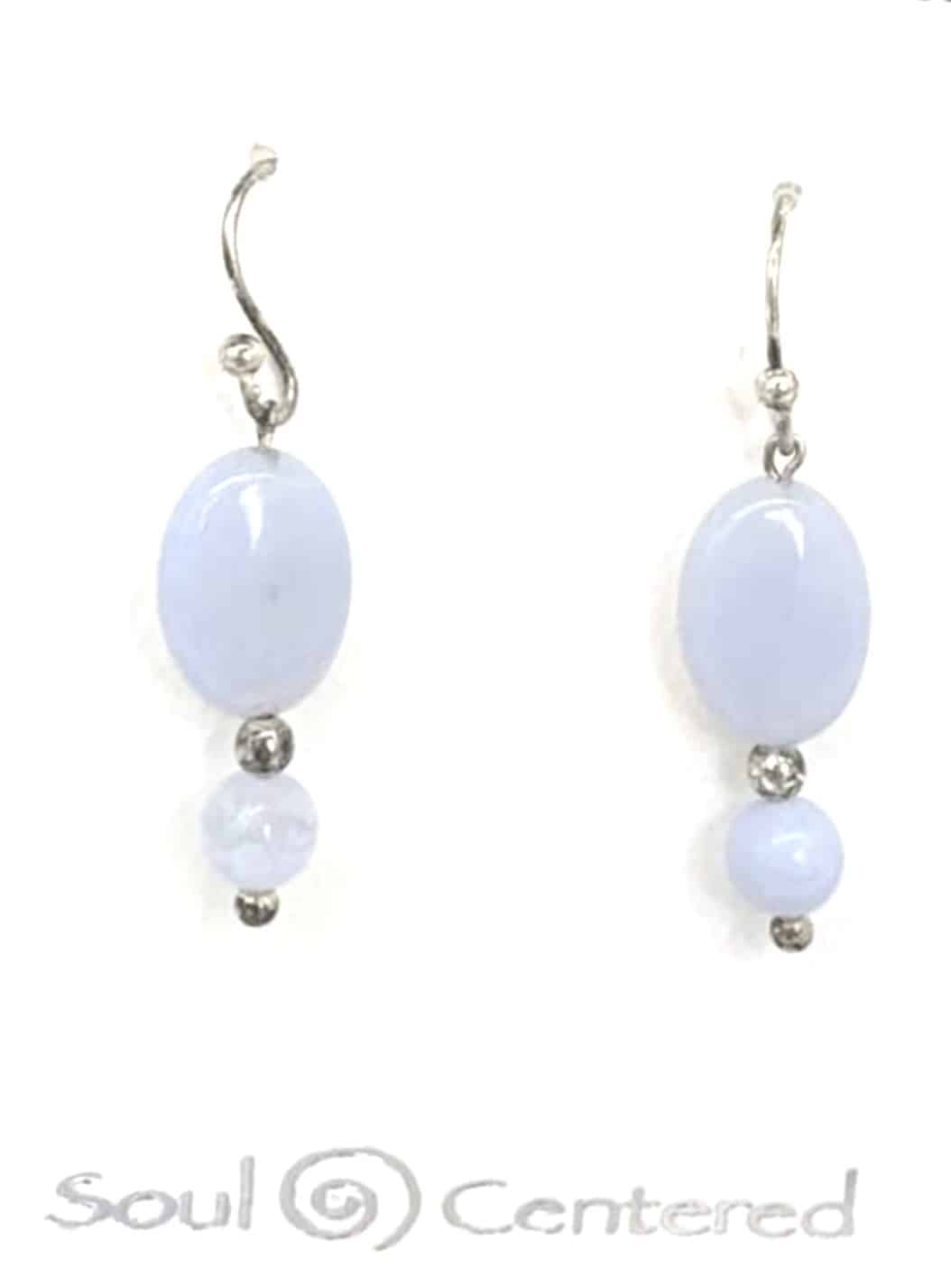 Blue Lace Agate Drop Earrings with oval and round stones in 925 sterling silver